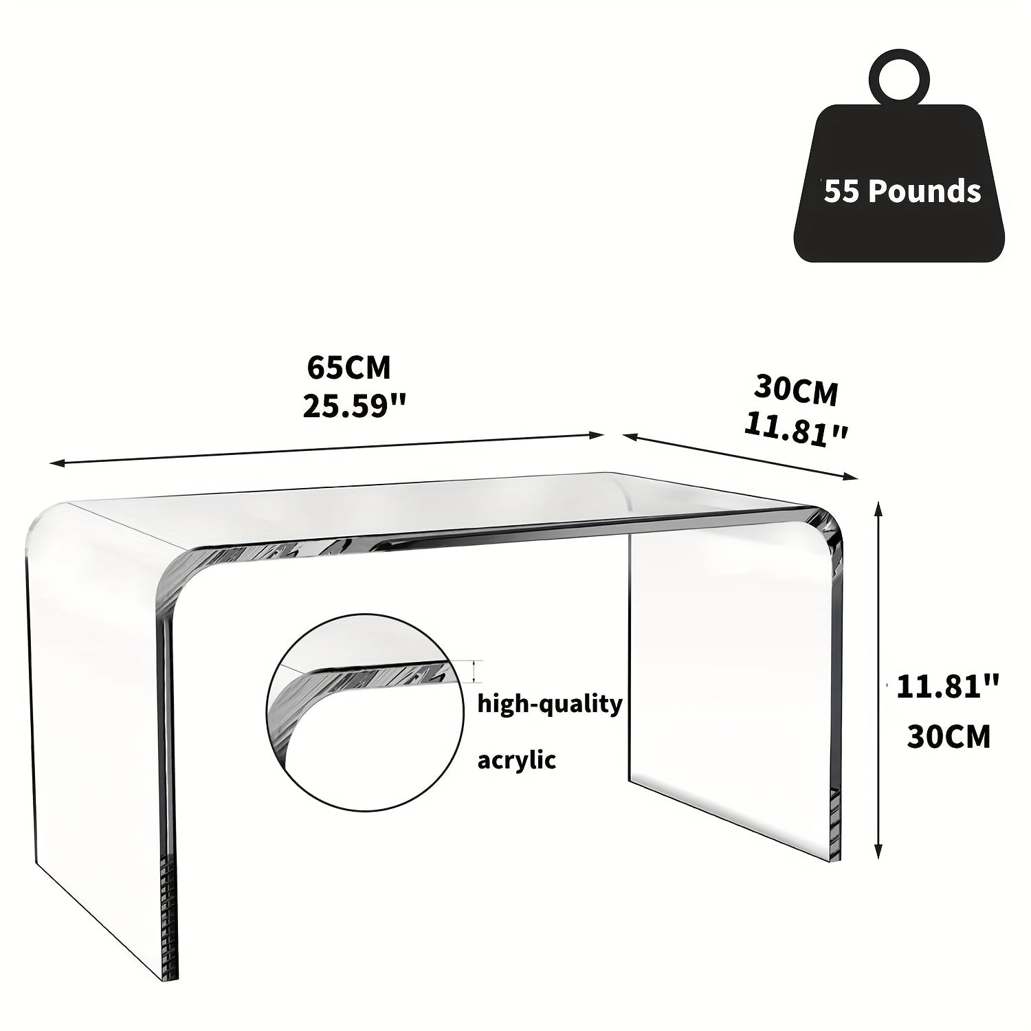 Acrylic C Shape Coffee Table, Long Thick Clear End Tables, Modern Waterfall Side Table for Living Room, Bedroom