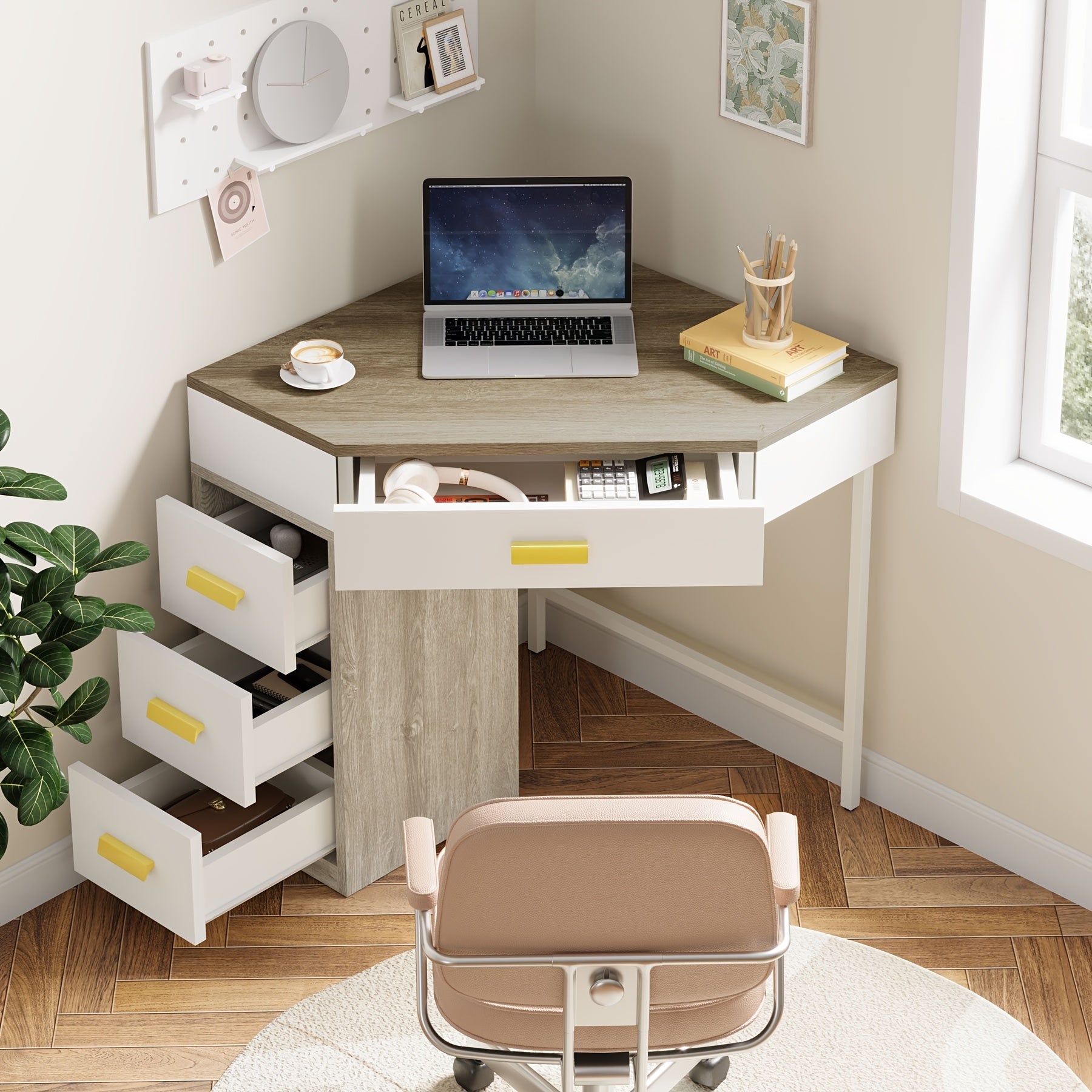 Triangle Corner Desk, Modern Computer Desk With 3 Drawers, 90-Degree Writing Desk PC Table Makeup Vanity Desk With Storage For Home Office, Living Room, Bedroom (White And Grey)