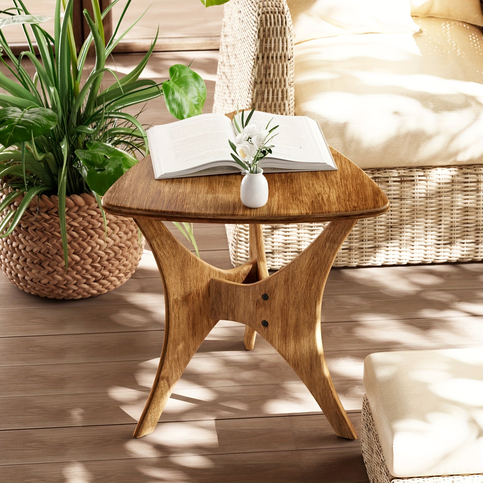 Modern Triangular Accent Table - Easy Setup with X-Shaped Rubberwood Legs, Mid-Century Inspired Side Table in Natural Brown for Room