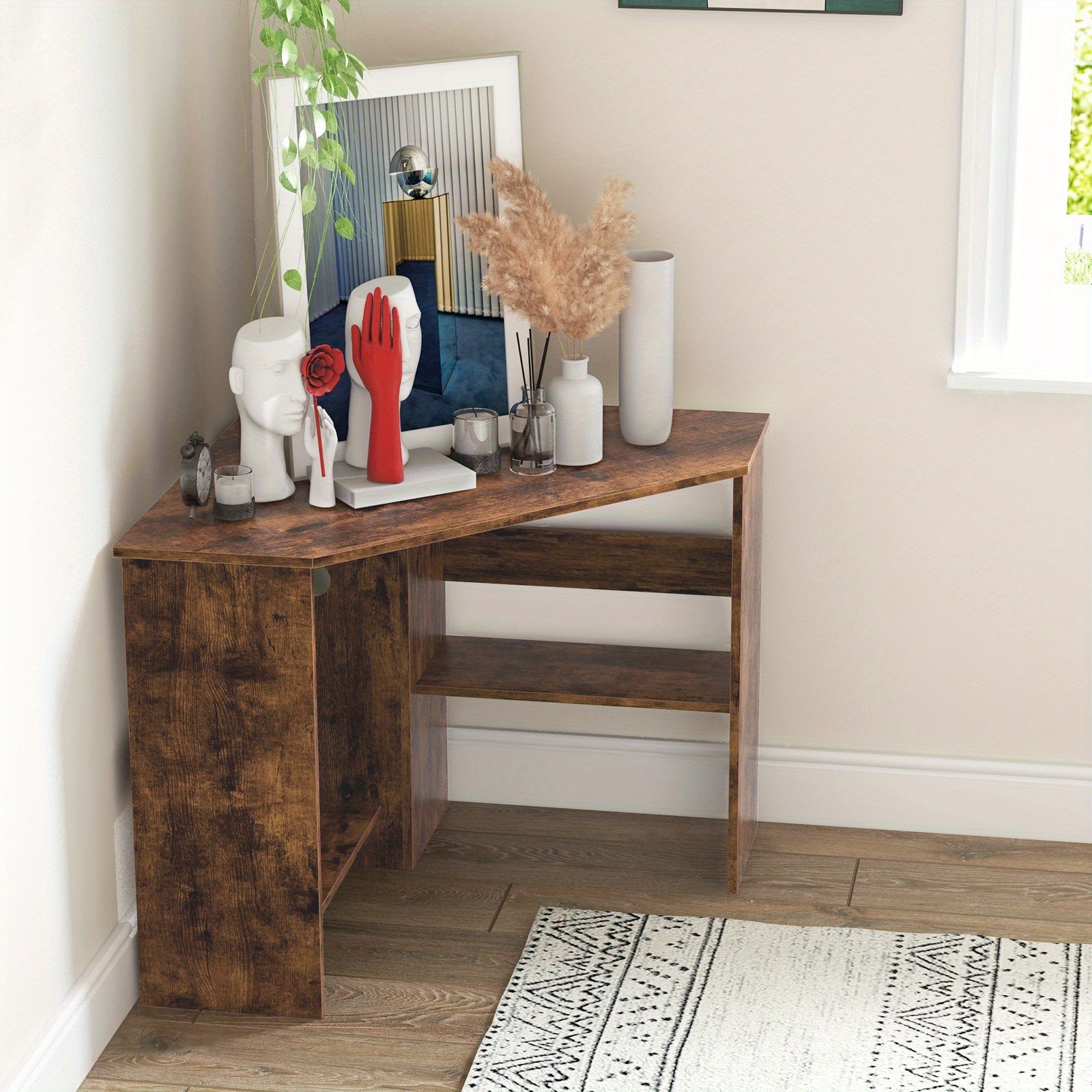 COSTWAY Corner Computer Desk, Space-saving Triangular Writing Desk w\u002F 2 Storage Shelves & 2 Cable Holes, Multi-functional Console Table for Small Space in Home Office, Living Room, Bedroom, Black\u002FWhite\u002FBrown