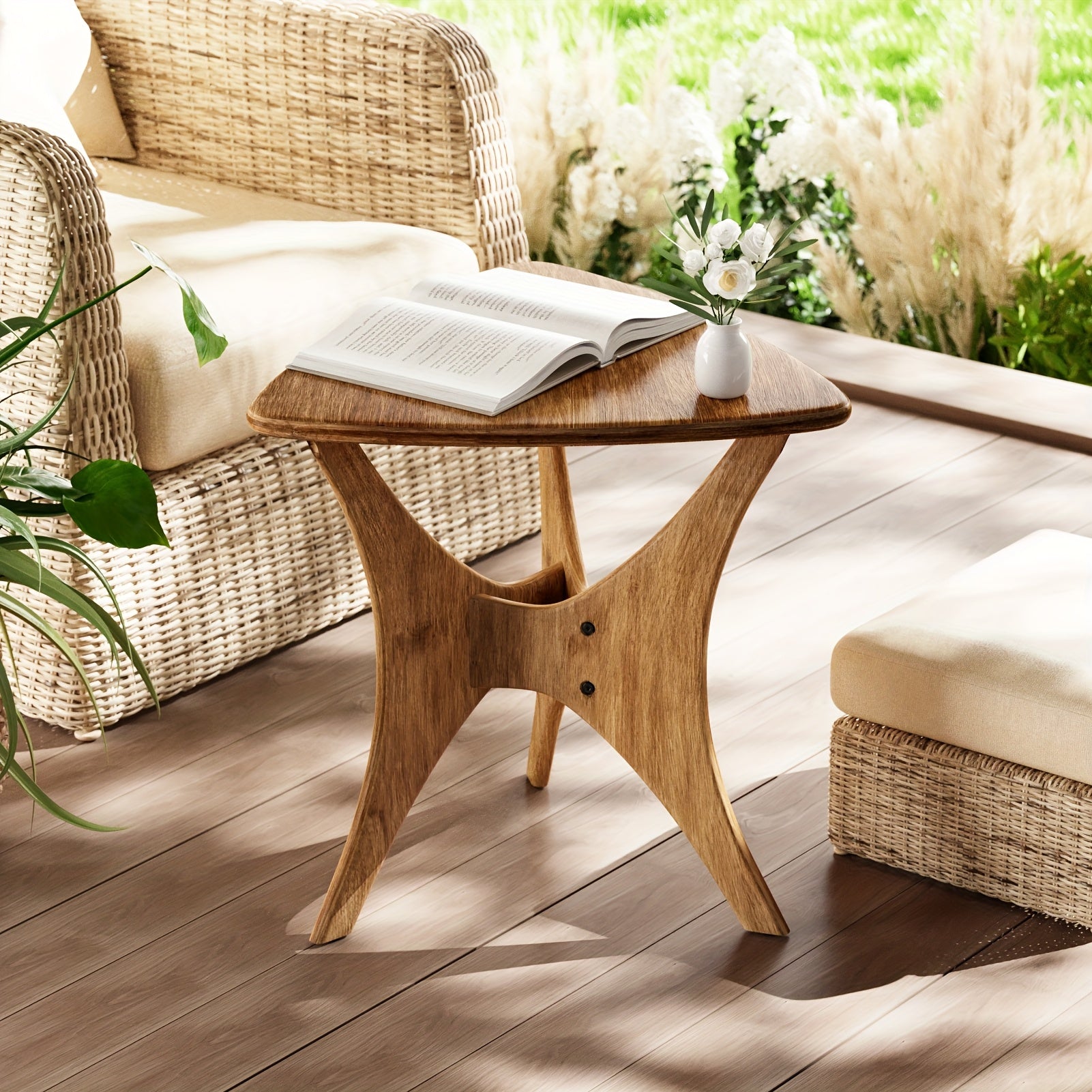Modern Triangular Accent Table - Easy Setup with X-Shaped Rubberwood Legs, Mid-Century Inspired Side Table in Natural Brown for Room