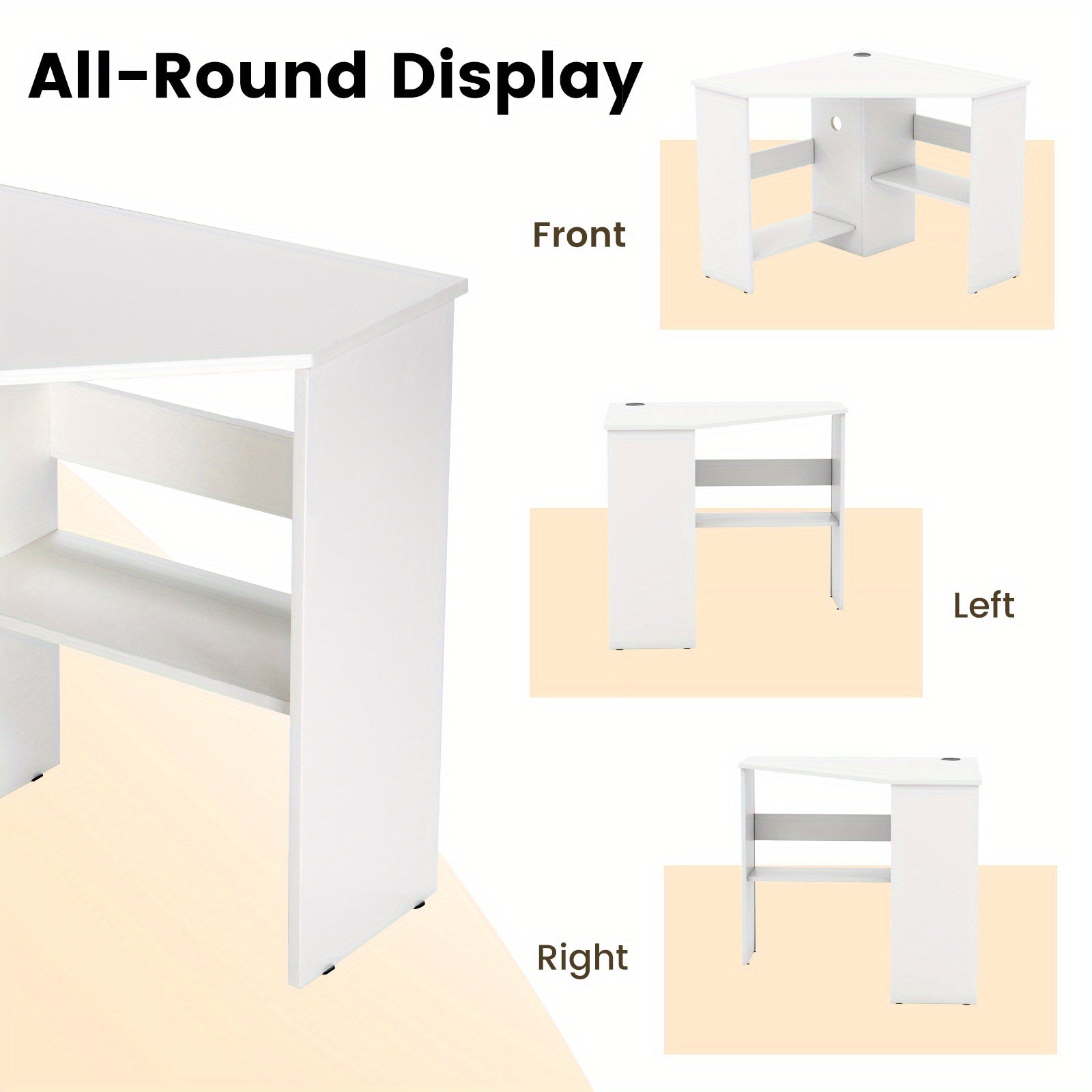 COSTWAY Corner Computer Desk, Space-saving Triangular Writing Desk w\u002F 2 Storage Shelves & 2 Cable Holes, Multi-functional Console Table for Small Space in Home Office, Living Room, Bedroom, Black\u002FWhite\u002FBrown