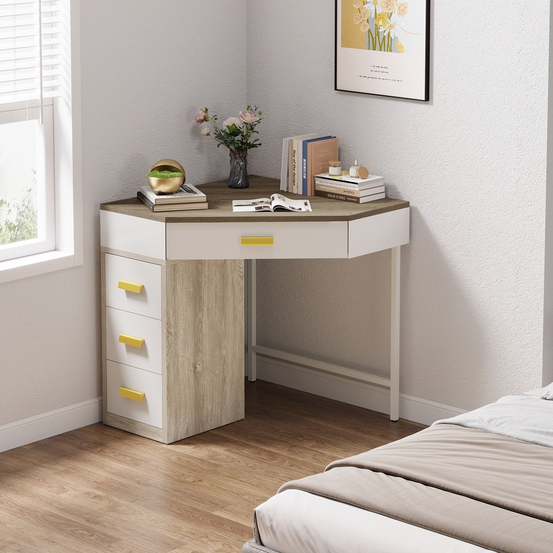 Triangle Corner Desk, Modern Computer Desk With 3 Drawers, 90-Degree Writing Desk PC Table Makeup Vanity Desk With Storage For Home Office, Living Room, Bedroom (White And Grey)