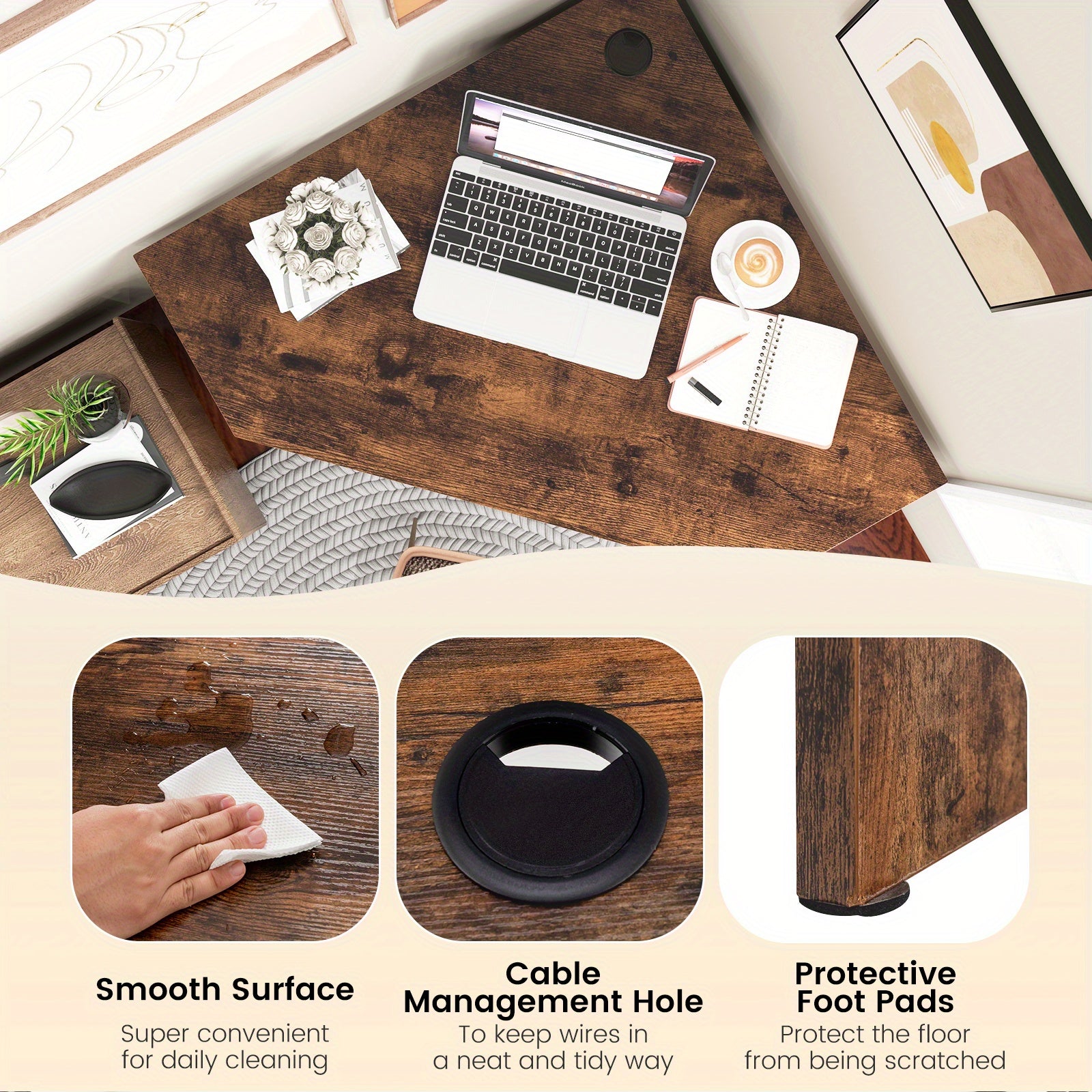 COSTWAY Corner Computer Desk, Space-saving Triangular Writing Desk w\u002F 2 Storage Shelves & 2 Cable Holes, Multi-functional Console Table for Small Space in Home Office, Living Room, Bedroom, Black\u002FWhite\u002FBrown