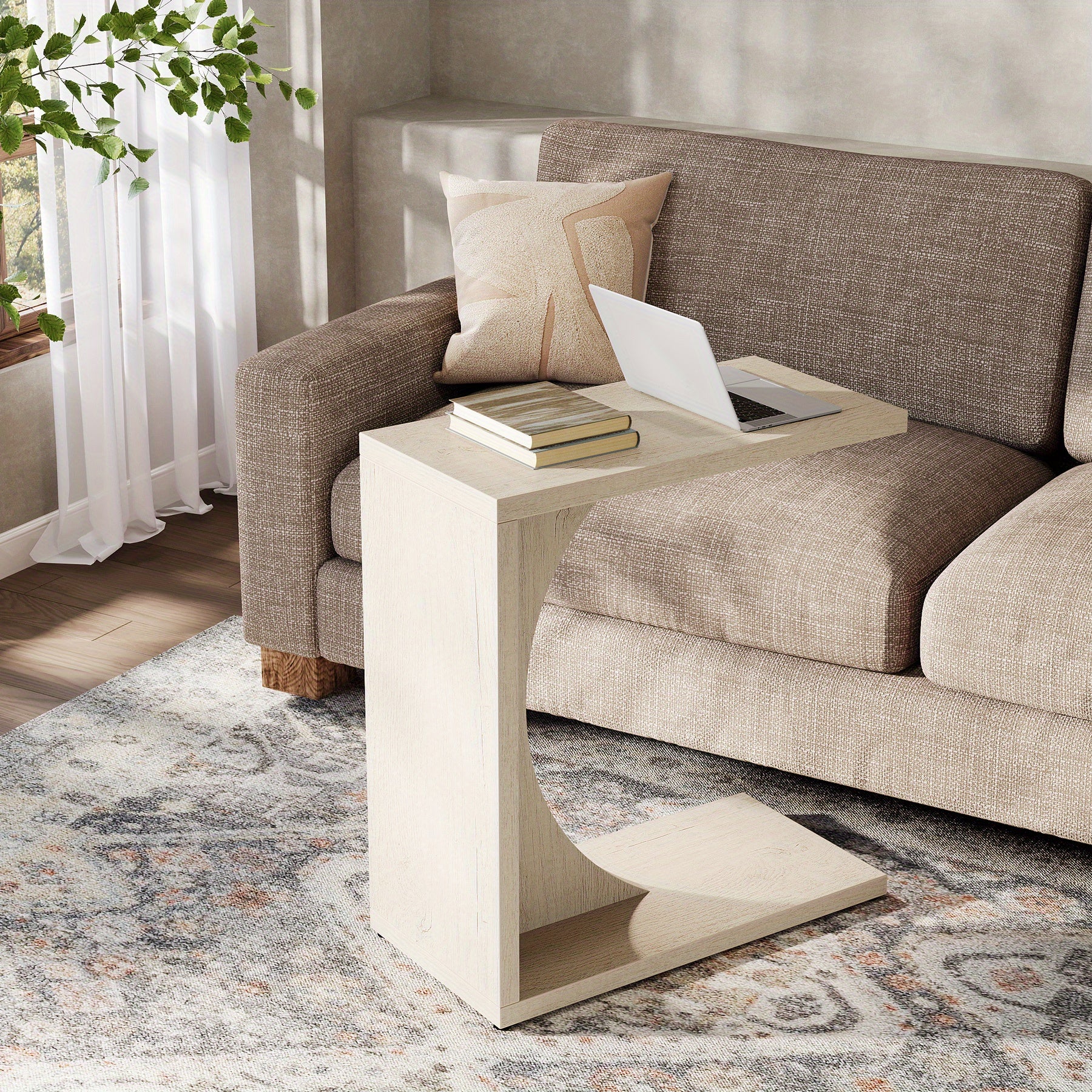Beige C-Shaped Side Table for The Couch, Compact Nightstand for The Sofa, Wooden Bedside Table Suitable for a Living Room Or Bedroom, Ideal for a Laptop Workspace ()