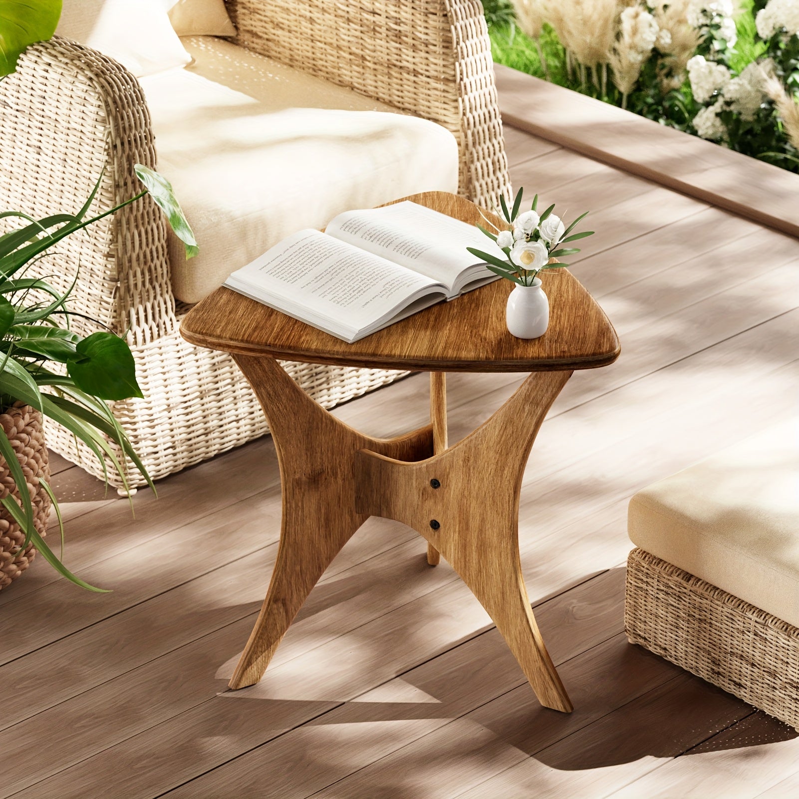 Modern Triangular Accent Table - Easy Setup with X-Shaped Rubberwood Legs, Mid-Century Inspired Side Table in Natural Brown for Room