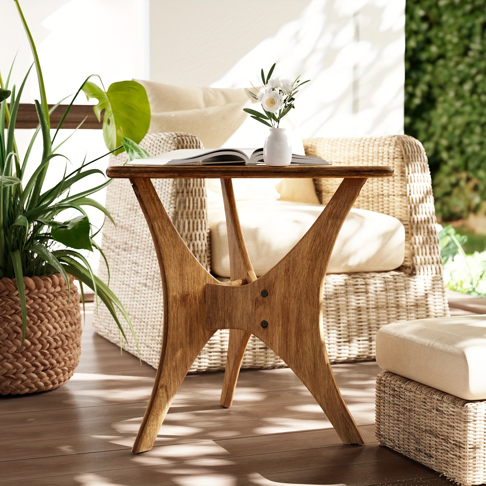 Modern Triangular Accent Table - Easy Setup with X-Shaped Rubberwood Legs, Mid-Century Inspired Side Table in Natural Brown for Room