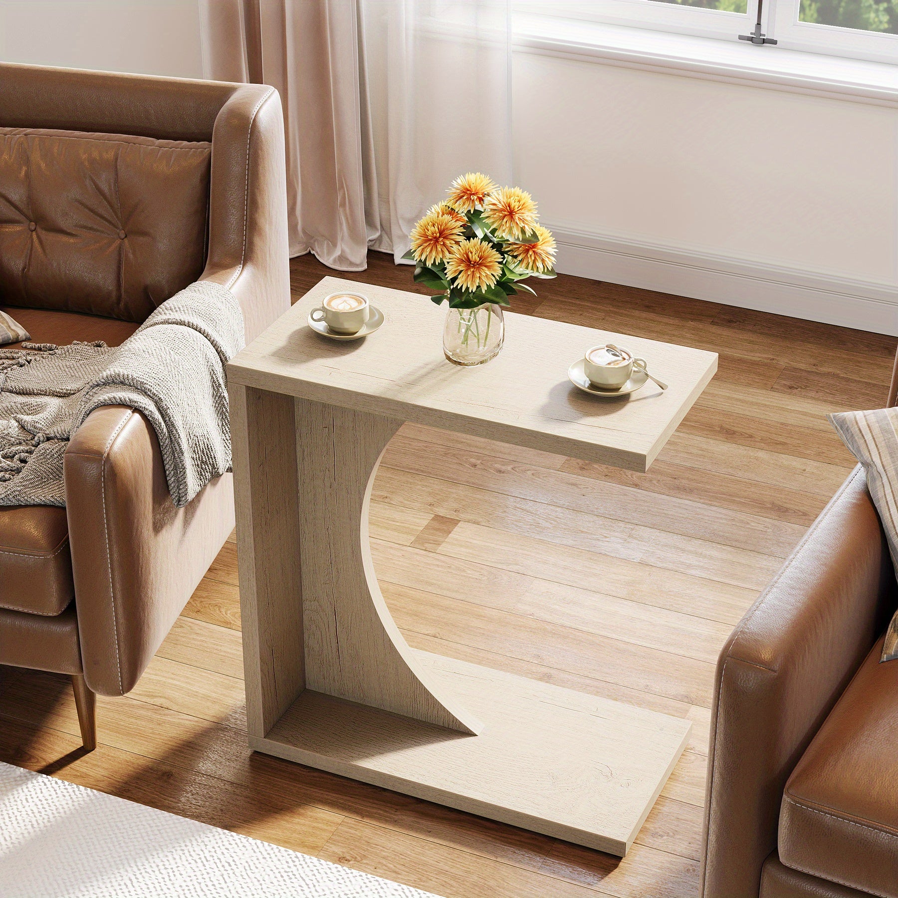 Beige C-Shaped Side Table for The Couch, Compact Nightstand for The Sofa, Wooden Bedside Table Suitable for a Living Room Or Bedroom, Ideal for a Laptop Workspace ()