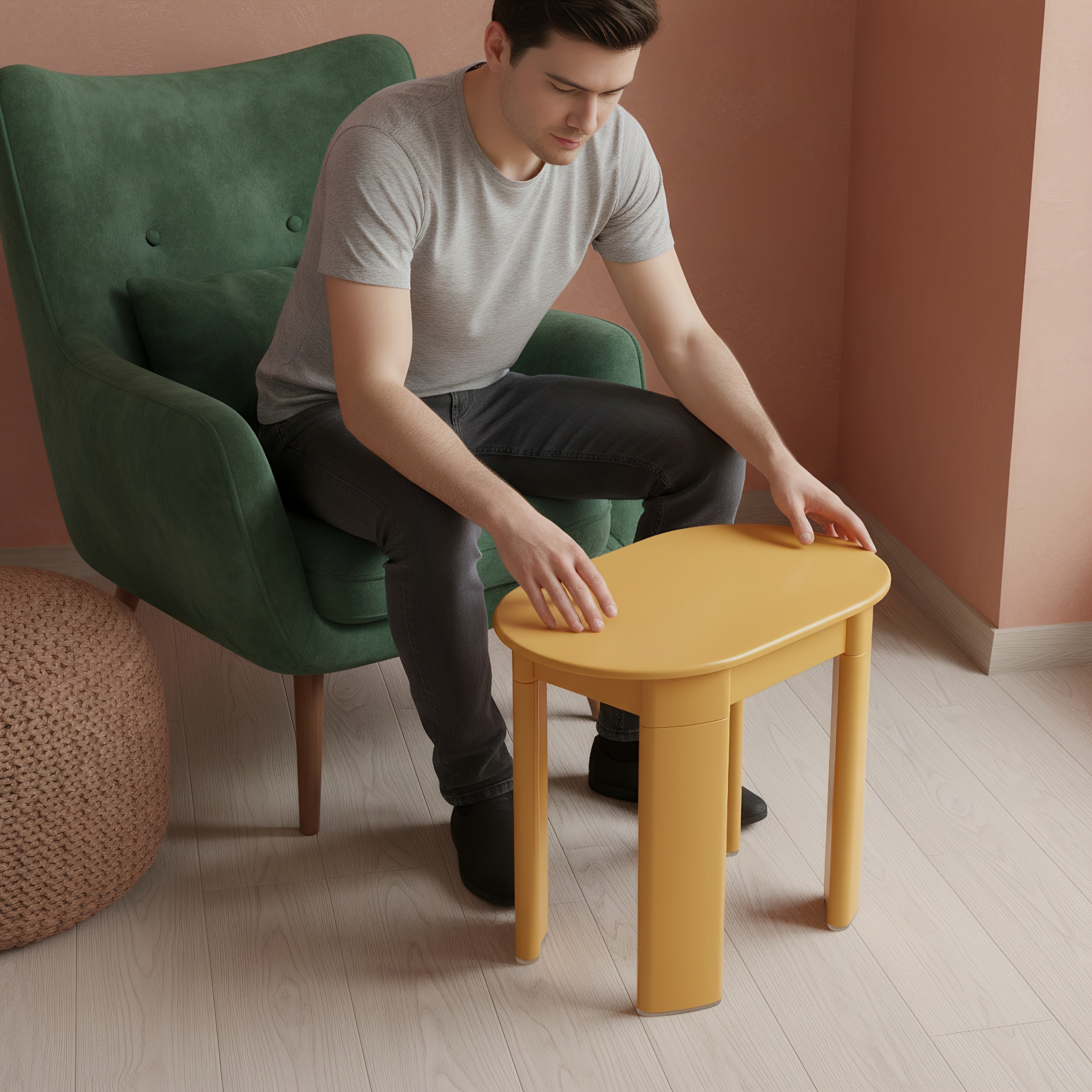 One-piece Corner Living Room Side Table | Bedroom Bedside Table, Storage Table, Shoe-changing Stool, Makeup Stool, Table and Stool in One, Suitable for Various Room Types, White, Yellow, Dark Pink, Plastic Material